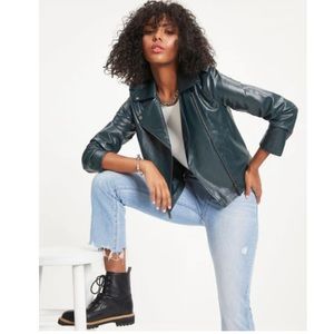 NWT Skies are Blue pocketed faux leather biker jacket Sz: XS Color: Pine